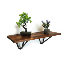 Solid Pine Rustical Shelf Dark Oak Black Hairpin Bracket Style 20x100cm