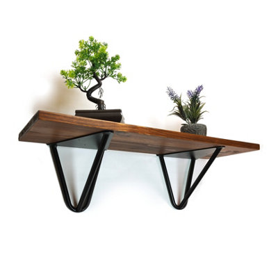 Solid Pine Rustical Shelf Dark Oak Black Hairpin Bracket Style 20x110cm