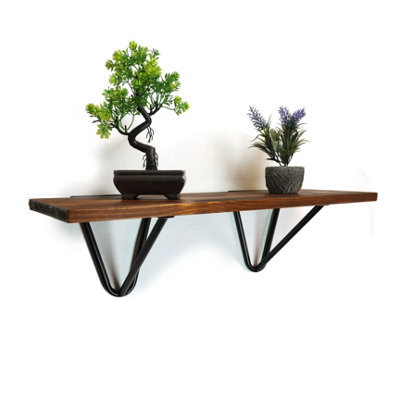 Solid Pine Rustical Shelf Dark Oak Black Hairpin Bracket Style 20x120cm