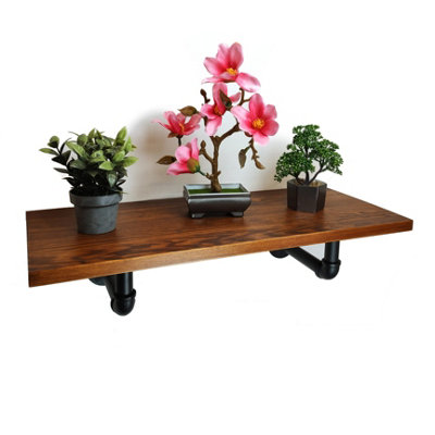 Solid Pine Rustical Shelf Dark Oak Black Industrial Pipe Bracket 25x100cm