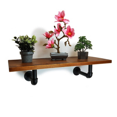 Solid Pine Rustical Shelf Dark Oak Black Industrial Pipe Bracket 25x100cm