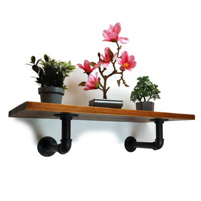 Solid Pine Rustical Shelf Dark Oak Black Industrial Pipe Bracket 25x100cm