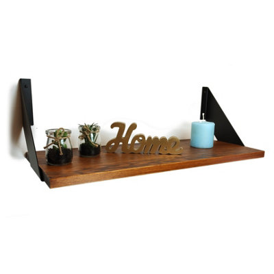 Solid Pine Rustical Shelf Dark Oak with Black FLAT Bracket 25x100cm