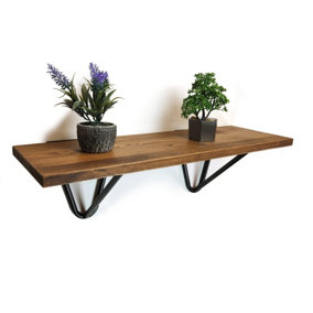 Solid Pine Rustical Shelf Medium Oak Black Hairpin Bracket Style 20x100cm