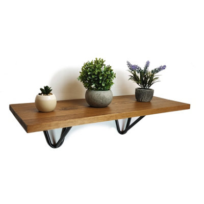 Solid Pine Rustical Shelf Medium Oak Black Hairpin Bracket Style ...