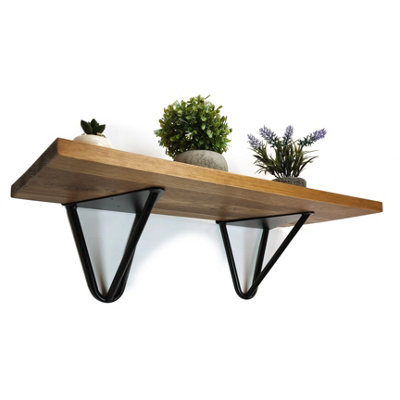 Solid Pine Rustical Shelf Medium Oak Black Hairpin Bracket Style 25x120cm