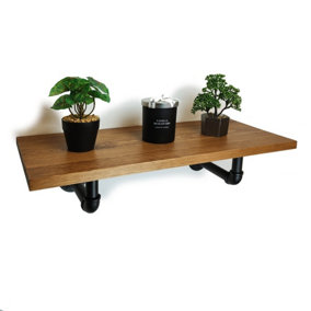 Solid Pine Rustical Shelf Medium Oak Black Industrial Pipe Bracket 25x70cm