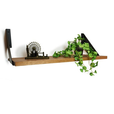 Solid Pine Rustical Shelf Medium Oak with Black FLAT Bracket 25x110cm