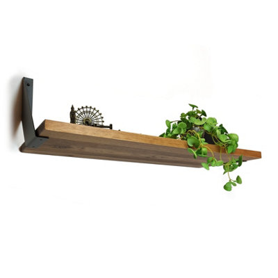 Solid Pine Rustical Shelf Medium Oak with Black FLAT Bracket 25x110cm