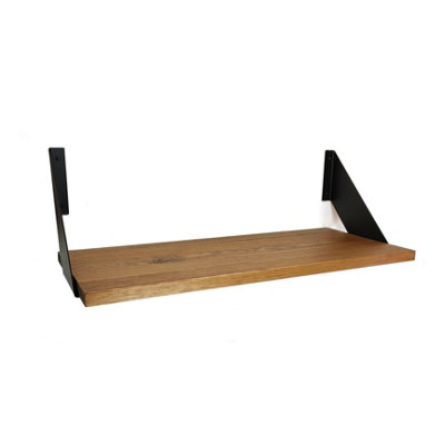 Solid Pine Rustical Shelf Medium Oak with Black FLAT Bracket 25x70cm