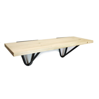 Solid Pine Rustical Shelf Primed Black Hairpin Bracket Style 20x120cm