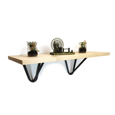 Solid Pine Rustical Shelf Primed Black Hairpin Bracket Style 25x110cm