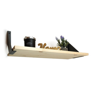 Solid Pine Rustical Shelf Primed with Black FLAT Bracket 25x100cm