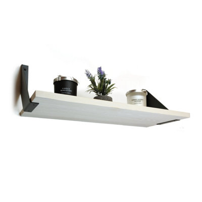 Solid Pine Rustical Shelf White with Black FLAT Bracket 25x90cm