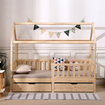Solid Pine Wood 3 FT Single Kids House Floor Bed Frame with 2 Large ...