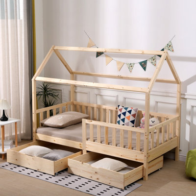 Solid Pine Wood 3 FT Single Kids House Floor Bed Frame with 2 Large ...