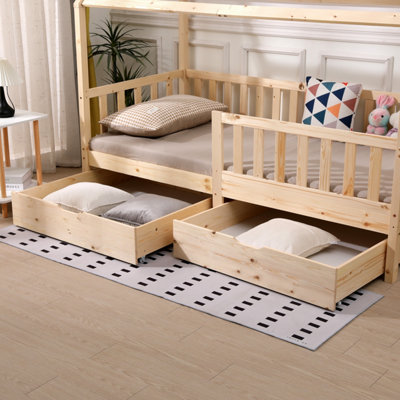 Solid Pine Wood 3 FT Single Kids House Floor Bed Frame with 2 Large ...