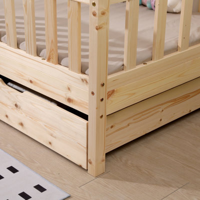 Solid Pine Wood 3 FT Single Kids House Floor Bed Frame with 2 Large ...