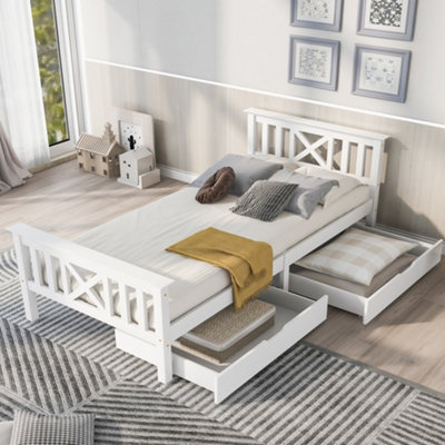 Solid Pine Wood Single Bed Frame with 2 Drawers Under Bed 3FT Wooden Bed Frame White 90x190cm