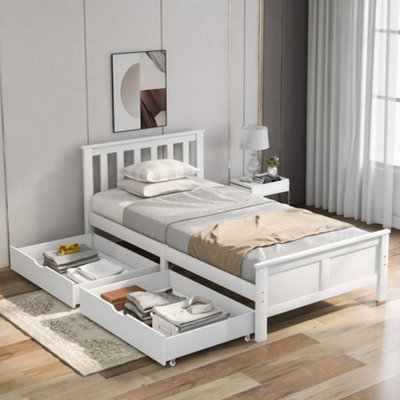 Solid Pine Wood Single Bed Frame with 2 Large Wooden Drawers, 3ft Single (White 190x90cm)