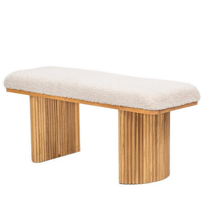 Solid Wood and White Bouclé Bench Exotic Boho Entryway