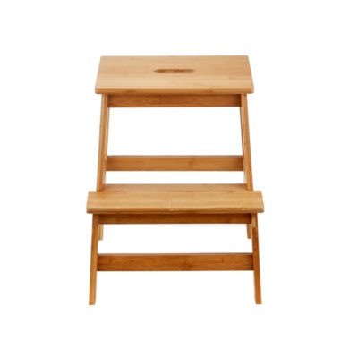 Solid Wood Bamboo 2-Step Stool Natural Wooden Step Ladder Decorative Scandi Utility For Home Office & Garden