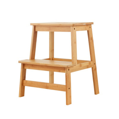 Solid Wood Bamboo 2-Step Stool Natural Wooden Step Ladder Decorative Scandi Utility For Home Office & Garden