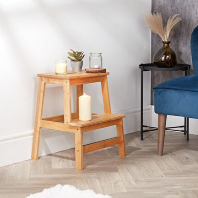 Solid Wood Bamboo 2-Step Stool Natural Wooden Step Ladder Decorative Scandi Utility For Home Office & Garden