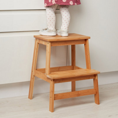 Solid Wood Bamboo 2-Step Stool Natural Wooden Step Ladder Decorative Scandi Utility For Home Office & Garden