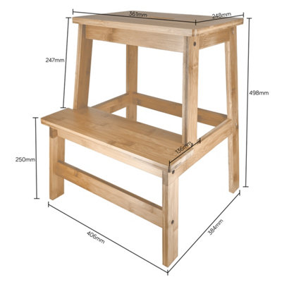 Solid Wood Bamboo 2-Step Stool Natural Wooden Step Ladder Decorative Scandi Utility For Home Office & Garden