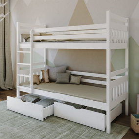 Solid Wood Bunk Bed with Storage in White Matt (H1640mm x W1980mm x D980mm)