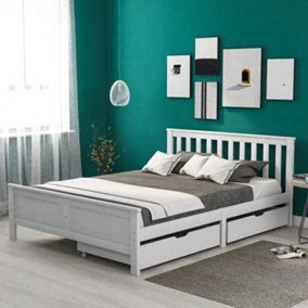 Solid Wood Double Bed Frame with Storage Drawers, 4ft6 Double (White 190x135cm)
