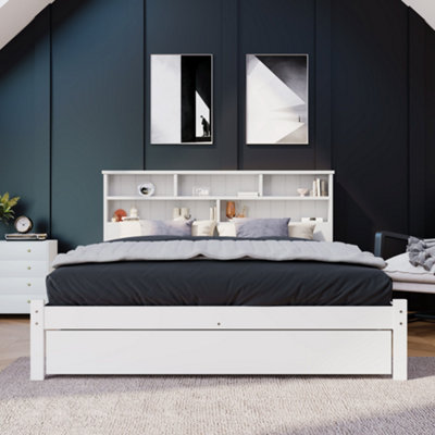 Solid Wood Double Bed with Shelves Headboard and Underbed Drawer 4FT6 White (135 x 190 cm)