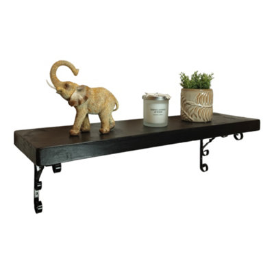 Solid Wood Handmade Rustical Shelf Black Ash 145mm 6 inch with Black Metal Bracket WO Length of 30cm