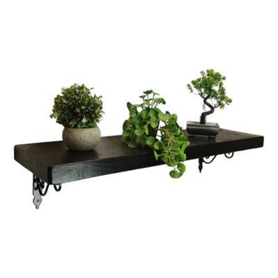 Solid Wood Handmade Rustical Shelf Black Ash 145mm 6 inch with Black Metal Bracket WOZ Length of 200cm