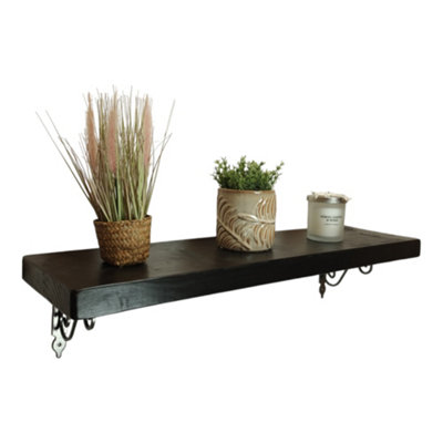 Solid Wood Handmade Rustical Shelf Black Ash 145mm 6 inch with Silver Metal Bracket WOZ Length of 130cm