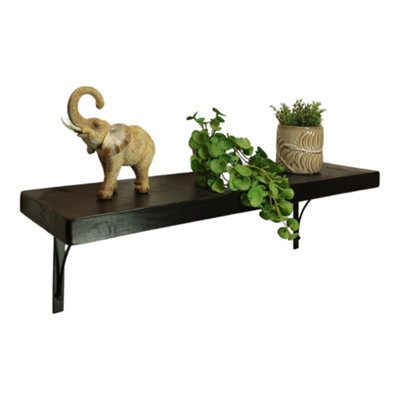 Solid Wood Handmade Rustical Shelf Black Ash 175mm 7 inch with Black Metal Bracket BOW Length of 140cm