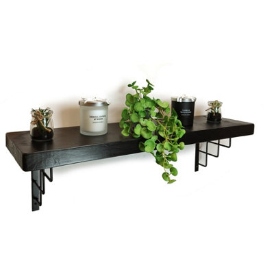 Solid Wood Handmade Rustical Shelf Black Ash 175mm 7 inch with Black Metal Bracket SQUARE Length of 110cm