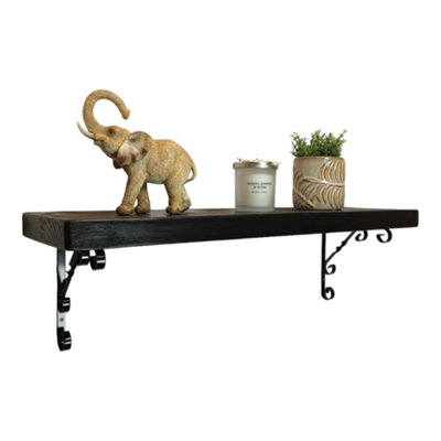 Solid Wood Handmade Rustical Shelf Black Ash 175mm 7 inch with Black Metal Bracket WO Length of 90cm