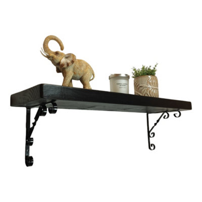 Solid Wood Handmade Rustical Shelf Black Ash 175mm 7 inch with Black Metal Bracket WO Length of 90cm