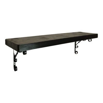 Solid Wood Handmade Rustical Shelf Black Ash 175mm 7 inch with Black Metal Bracket WO Length of 90cm