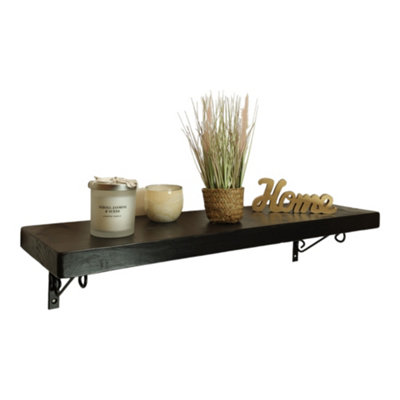 Solid Wood Handmade Rustical Shelf Black Ash 175mm 7 inch with Black Metal Bracket WOP Length of 180cm