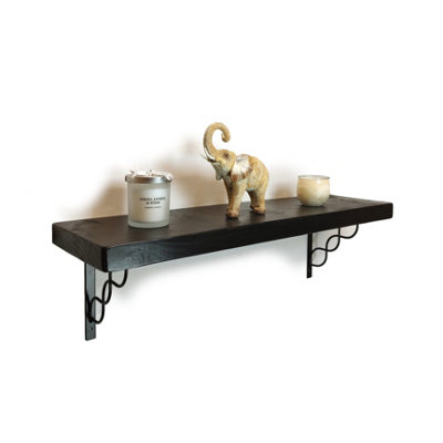 Solid Wood Handmade Rustical Shelf Black Ash 175mm 7 inch with Black Metal Bracket WPRP Length of 130cm