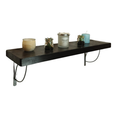 Solid Wood Handmade Rustical Shelf Black Ash 175mm 7 inch with Silver Metal Bracket TRAMP Length of 140cm