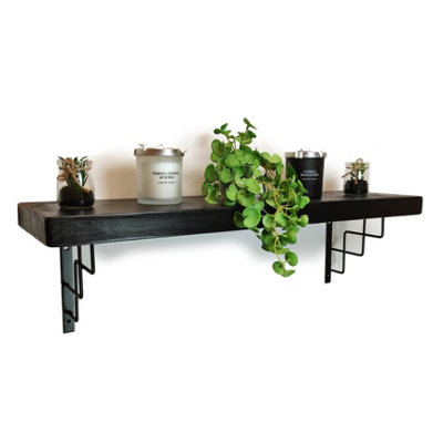 Solid Wood Handmade Rustical Shelf Black Ash 225mm 9 inch with Black Metal Bracket SQUARE Length of 220cm