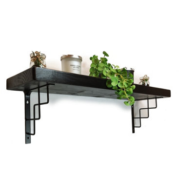 Solid Wood Handmade Rustical Shelf Black Ash 225mm 9 inch with Black Metal Bracket SQUARE Length of 220cm