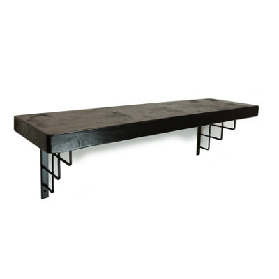 Solid Wood Handmade Rustical Shelf Black Ash 225mm 9 inch with Black Metal Bracket SQUARE Length of 220cm