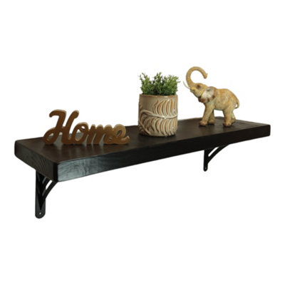 Solid Wood Handmade Rustical Shelf Black Ash 225mm 9 inch with Black Metal Bracket WAT Length of 130cm