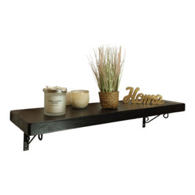 Solid Wood Handmade Rustical Shelf Black Ash 225mm 9 inch with Black Metal Bracket WOP Length of 240cm