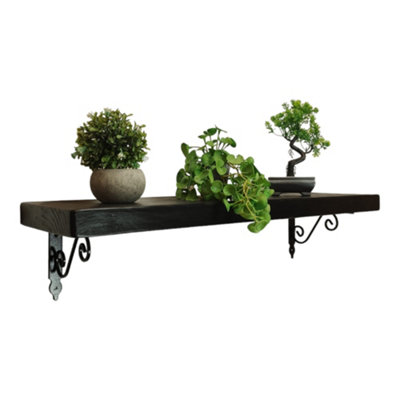 Solid Wood Handmade Rustical Shelf Black Ash 225mm 9 inch with Black Metal Bracket WOZ Length of 40cm